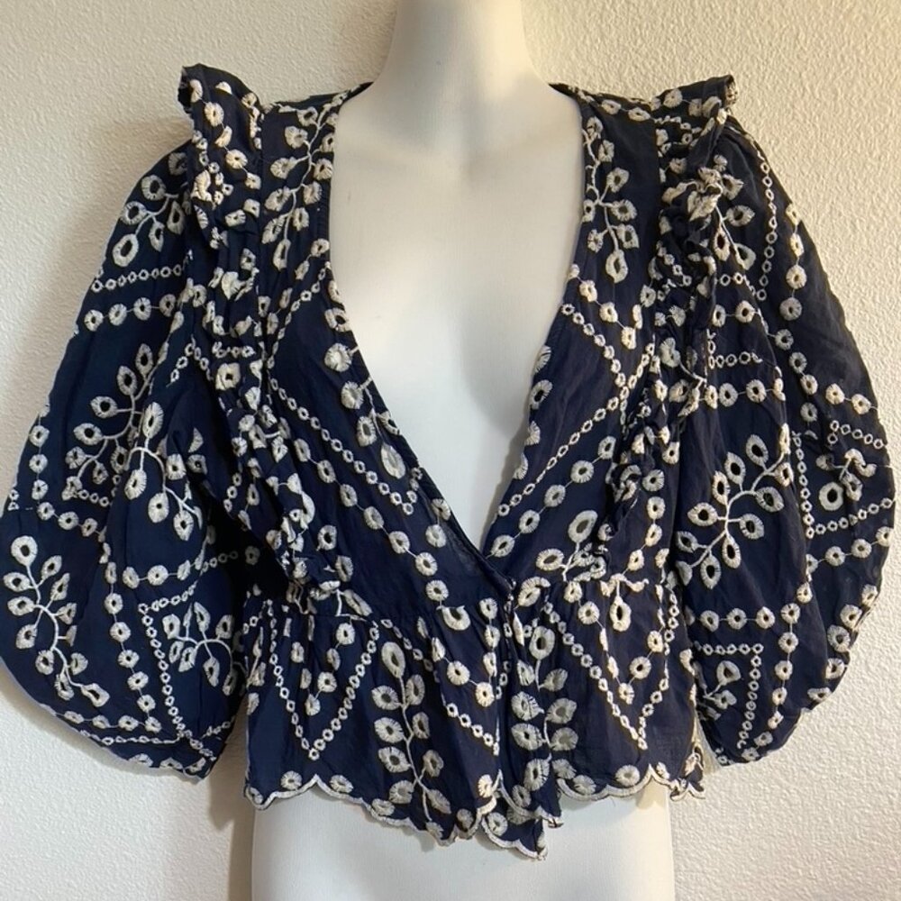 Blue Rain Open Front Embroidered Eyelet with Shoulder Flounce, 3/4 Sleeves